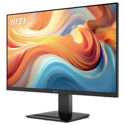 Un moniteur informatique moderne aux bordures fines avec un design abstrait vibrant en tourbillon orange et bleu sur l'écran.