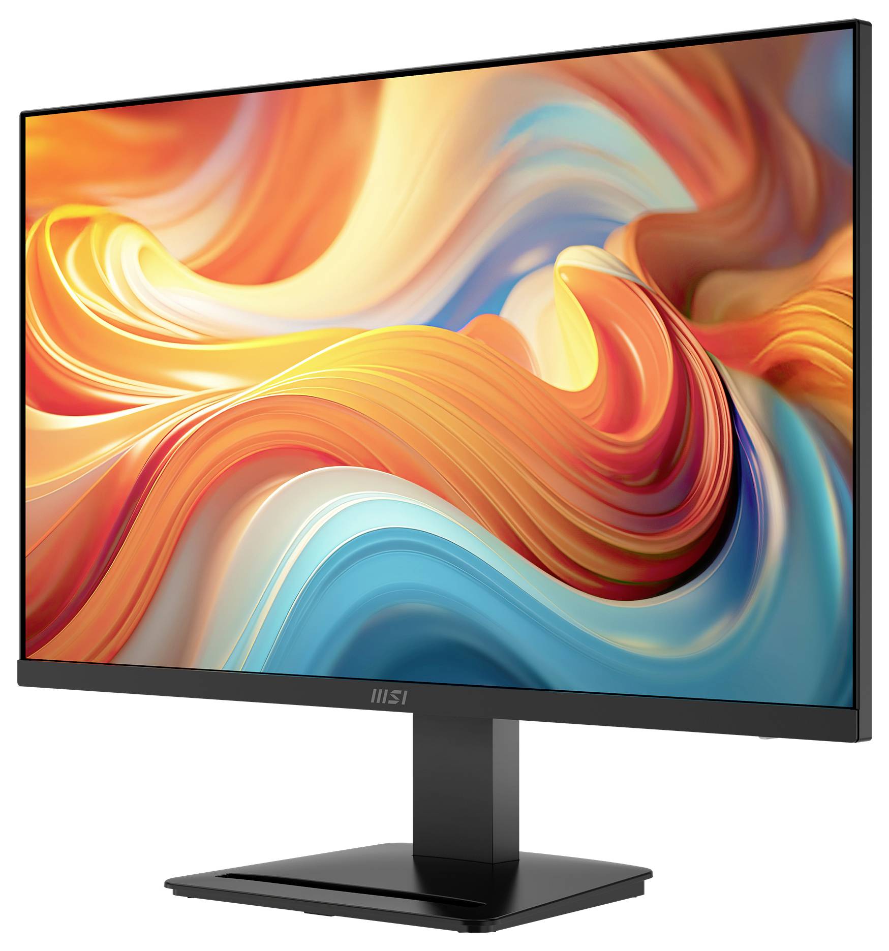 Un élégant moniteur d'ordinateur affichant un motif de tourbillon abstrait coloré, mélangeant des teintes orange vif, bleu et jaune.