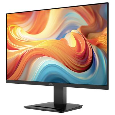 Un élégant moniteur d'ordinateur affichant un motif de tourbillon abstrait coloré, mélangeant des teintes orange vif, bleu et jaune.