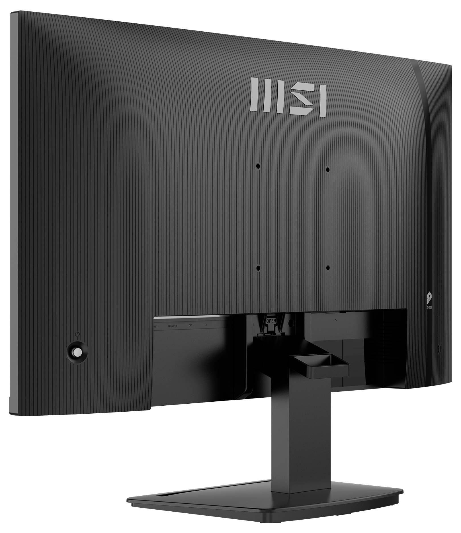 Vue arrière d'un écran d'ordinateur noir sur un socle, présentant le logo « MSI » en haut, avec des ports et des évents visibles sur le revers.