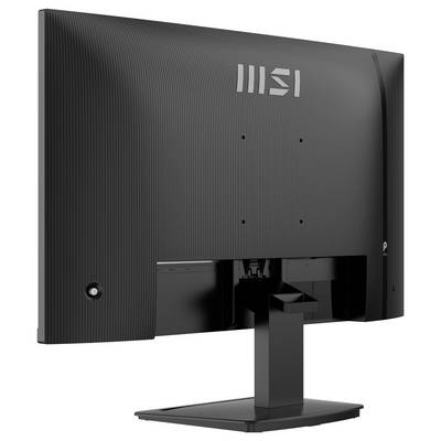 Vue arrière d'un écran d'ordinateur noir sur un socle, présentant le logo « MSI » en haut, avec des ports et des évents visibles sur le revers.