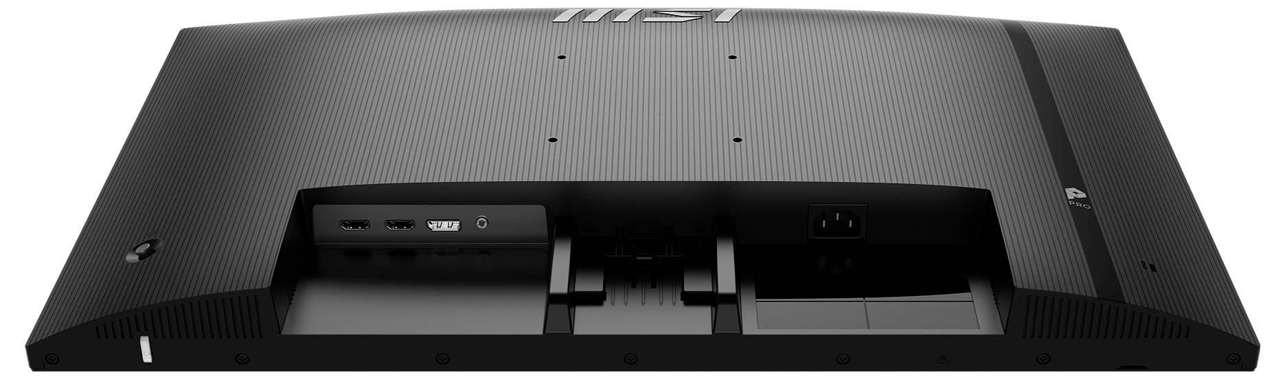 Vue arrière d'un moniteur noir montrant divers ports incluant HDMI et prise d'alimentation. Le moniteur a une surface texturée.