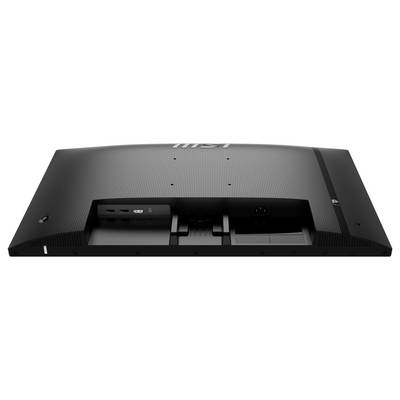 Vue arrière d'un moniteur noir montrant divers ports incluant HDMI et prise d'alimentation. Le moniteur a une surface texturée.