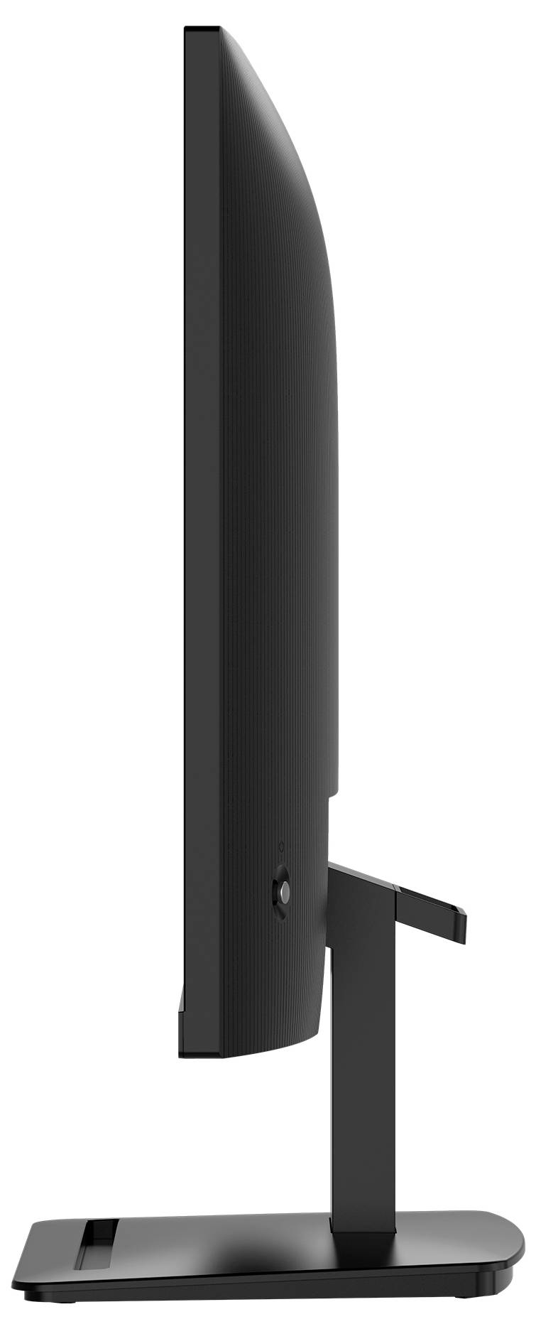 Vue latérale d'un écran d'ordinateur moderne et élancé avec un cadre noir et une base robuste, mettant l'accent sur son design fin et son profil élégant.