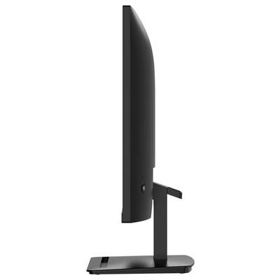 Vue latérale d'un écran d'ordinateur moderne et élancé avec un cadre noir et une base robuste, mettant l'accent sur son design fin et son profil élégant.