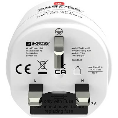 Adaptateur de voyage SKROSS blanc avec trois broches métalliques, conçu en Suisse. Le texte sur l'adaptateur spécifie un usage en intérieur uniquement, 7A, 1750W.