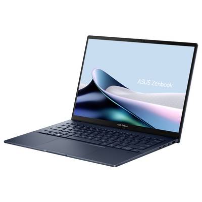 Un élégant ordinateur portable ouvert affichant « ASUS Zenbook » sur l'écran sur un fond dégradé bleu, avec un design moderne et minimaliste.
