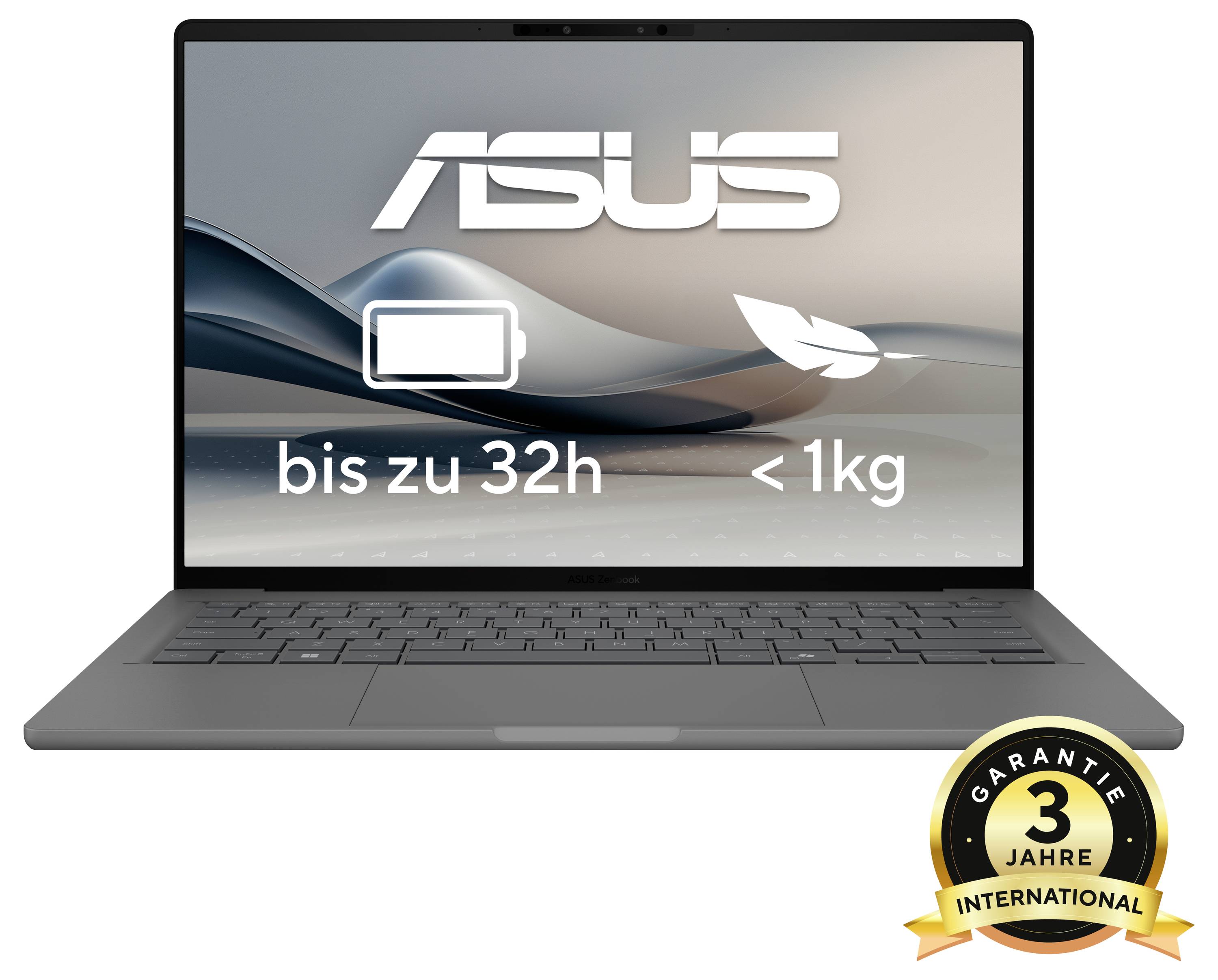 Un ordinateur portable ASUS avec graphiques d'affichage : autonomie de batterie « jusqu'à 32h », poids inférieur à 1 kg. Autocollant rectangulaire « Garantie internationale 3 ans ».