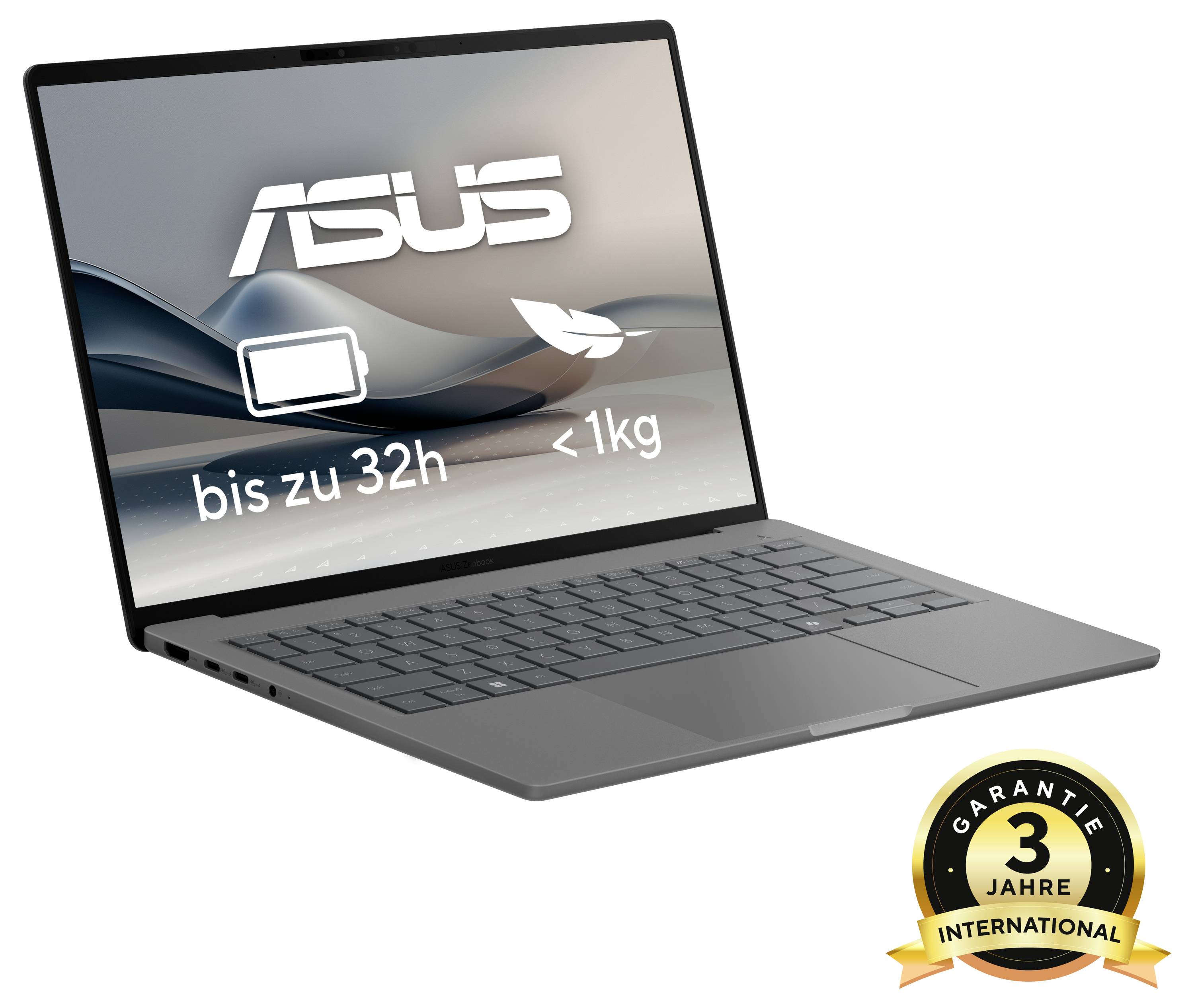 Un ordinateur portable ASUS avec jusqu'à 32 heures d'autonomie de batterie et un poids inférieur à 1 kg. Un symbole indique « 3 ans de garantie internationale ».