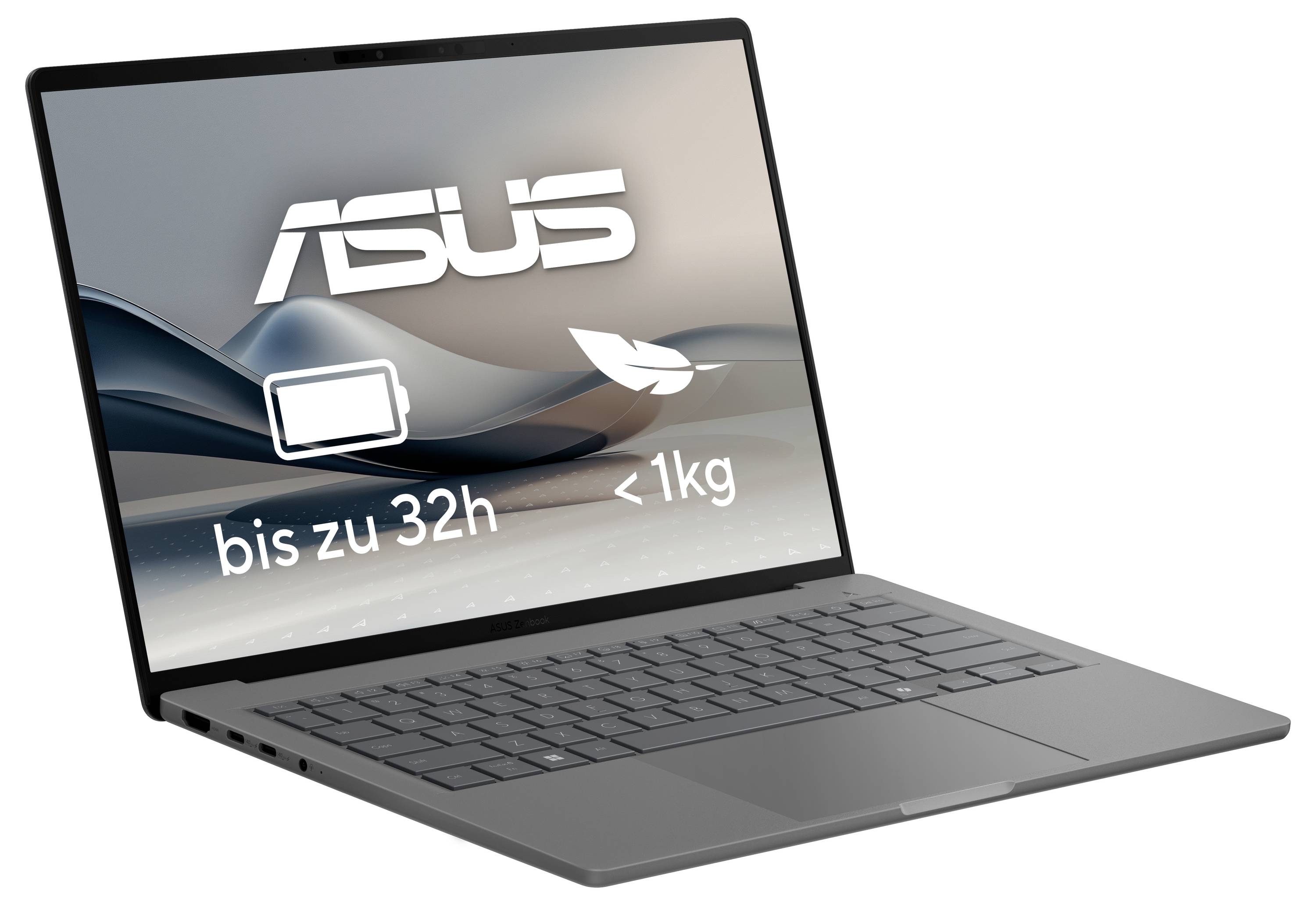 Un ordinateur portable ASUS avec affichage à l'écran : « jusqu'à 32 h » et « moins de 1 kg ». Boîtier sombre et design moderne reconnaissable.