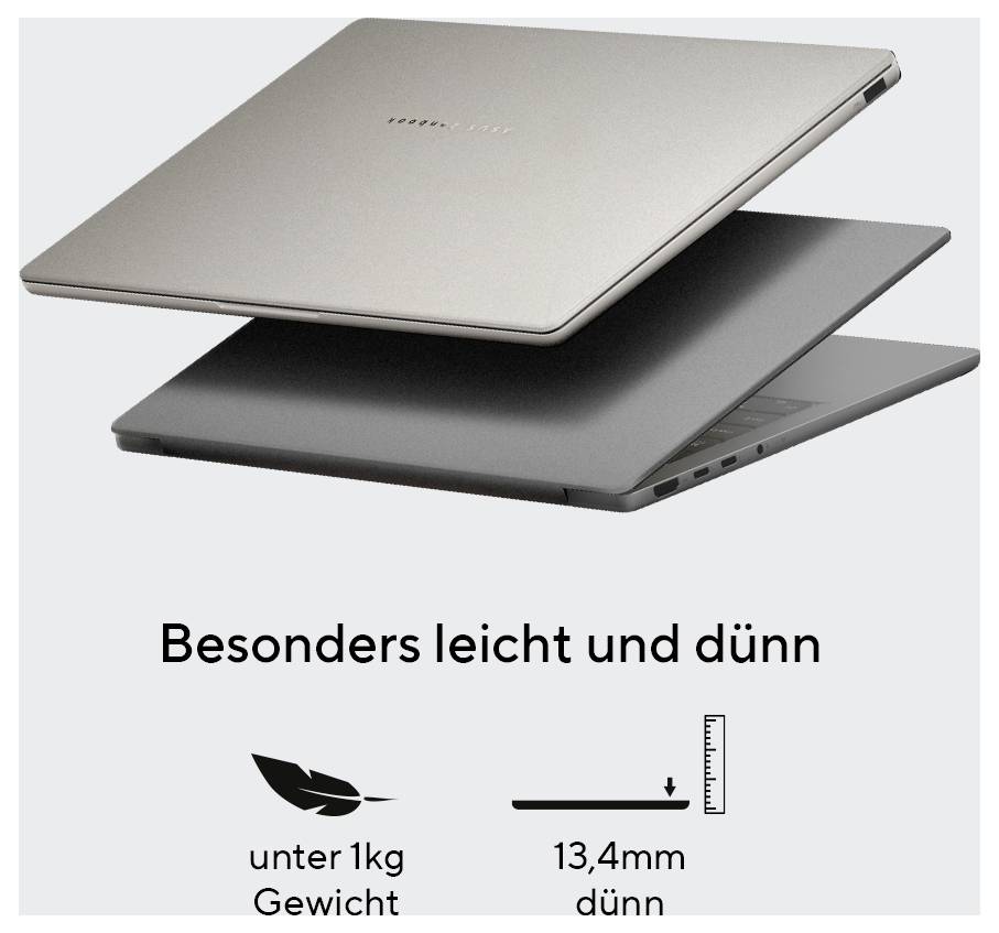 Ordinateur portable exceptionnellement léger et fin, poids inférieur à 1 kg, épaisseur 13,4 mm.