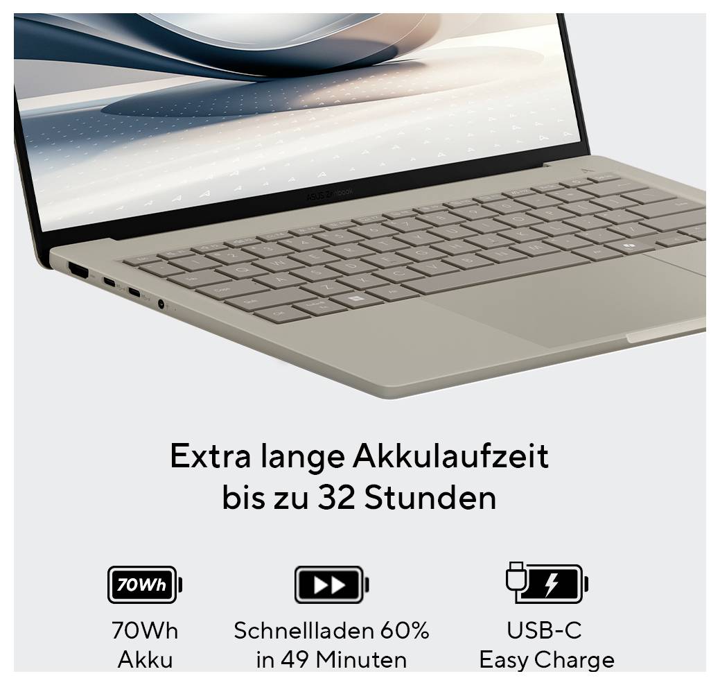 Ordinateur portable avec écran ouvert, texte : « Autonomie de la batterie exceptionnellement longue jusqu'à 32 heures », symboles pour batterie de 70Wh, charge rapide, USB-C.