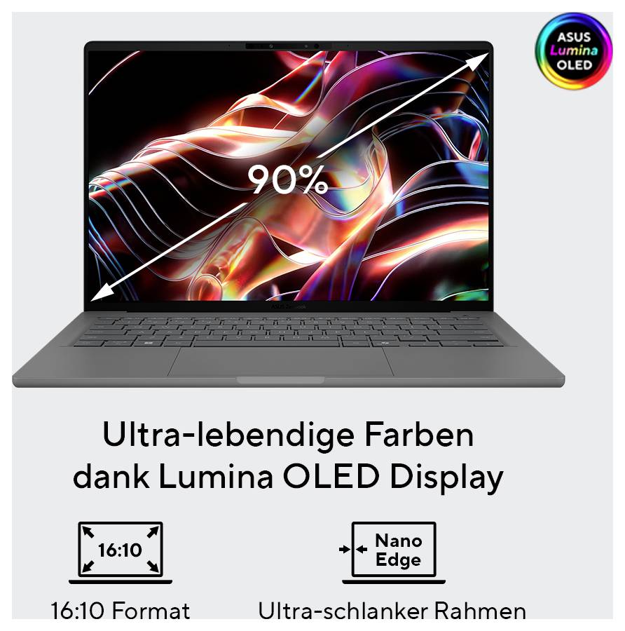 Ordinateur portable avec écran OLED Lumina affichant des motifs graphiques colorés. Texte : « Couleurs ultra-vivantes », « Format 16:10 », « Cadre ultra-fin ».