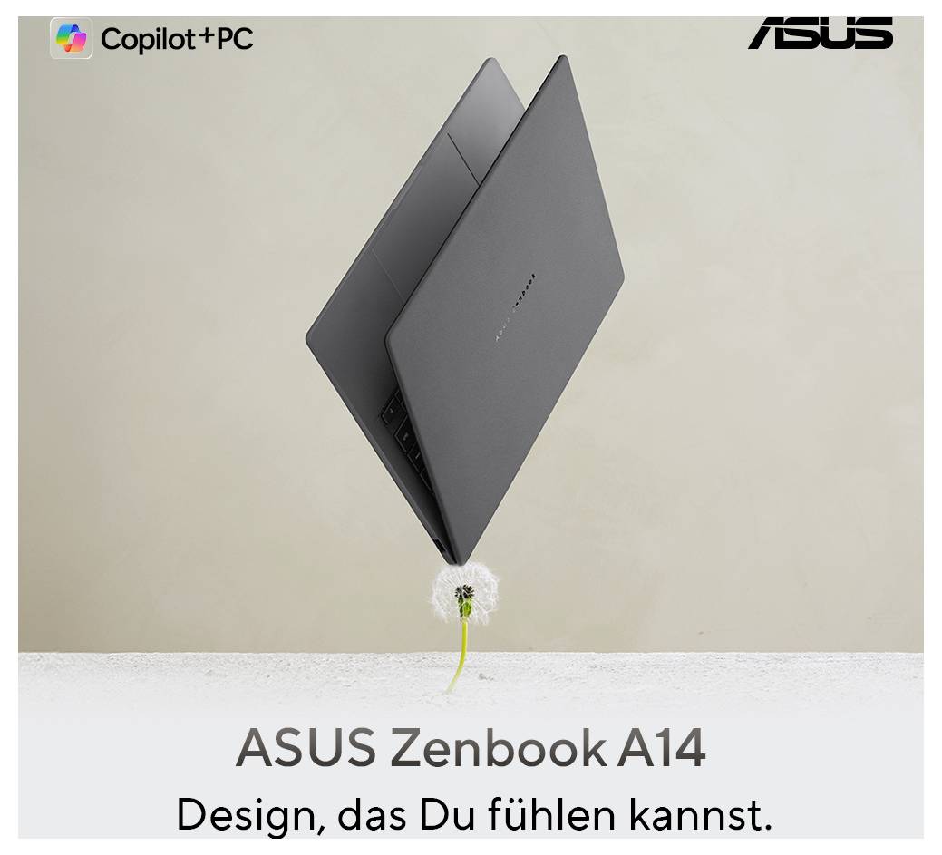 Un ordinateur portable ASUS Zenbook A14 noir flotte au-dessus d'un pissenlit, avec le texte : « Un design que tu peux ressentir. » Logos de marque en haut.