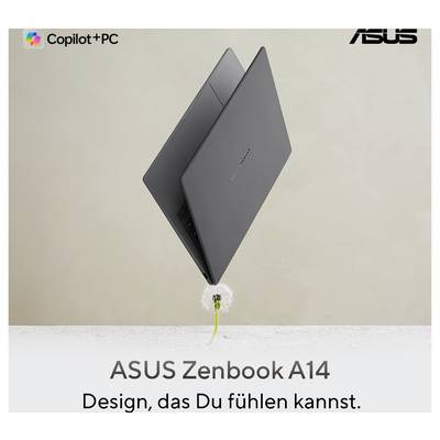 Un ordinateur portable ASUS Zenbook A14 noir flotte au-dessus d'un pissenlit, avec le texte : « Un design que tu peux ressentir. » Logos de marque en haut.