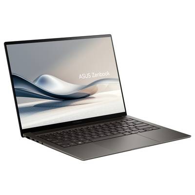Un élégant ordinateur portable ASUS Zenbook avec un clavier gris foncé et une lunette, affichant un écran avec le texte « ASUS Zenbook » sur des designs ondulés abstraits.