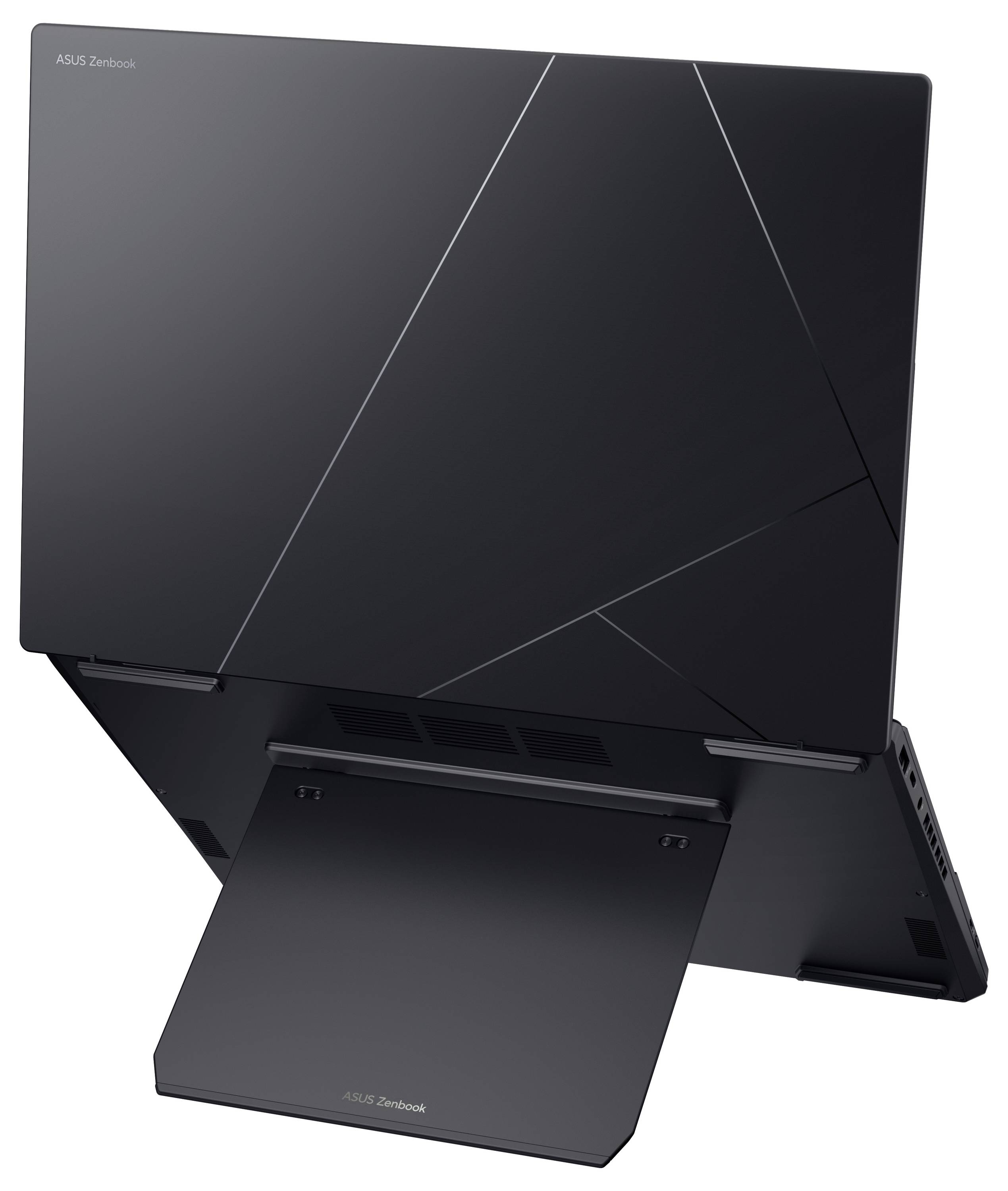 Élégant ordinateur portable ASUS Zenbook noir vu de l'arrière, montrant des lignes angulaires et une fonction de support ergonomique.