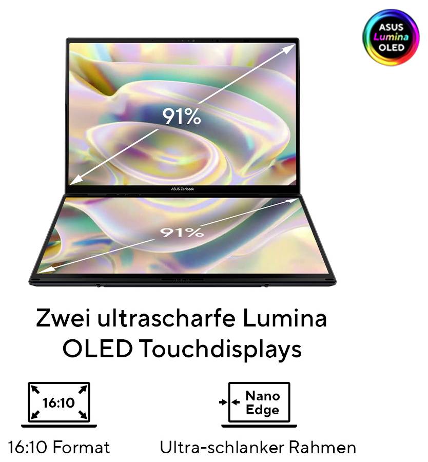 Un ordinateur portable avec deux écrans tactiles OLED, un format 16:10 et un design Nano Edge. Les écrans affichent 91% de couverture de couleur.