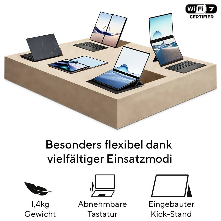 Six ordinateurs portables en différentes positions, dont clavier détachable et béquille. Texte: « Particulièrement flexible grâce à de nombreux modes d'utilisation ».