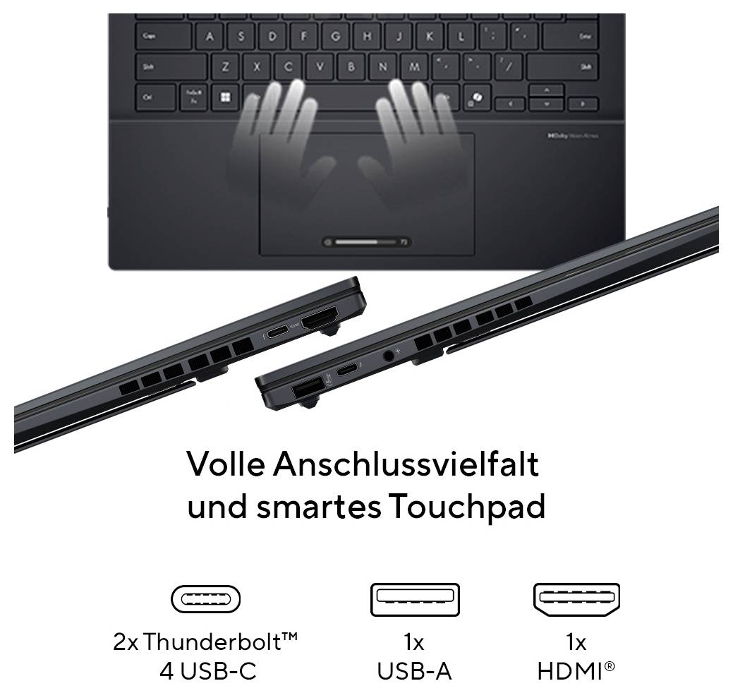 Un petit ordinateur noir avec un dessus texturé. Le panneau avant dispose de deux ports USB, un port USB-C, une prise casque et un bouton d'alimentation. Logo de la marque sur le dessus.
