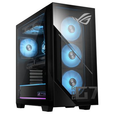 Une tour de PC gaming noire avec des ventilateurs LED bleus et un panneau latéral en verre teinté affichant les composants intérieurs. L'avant présente un logo géométrique.