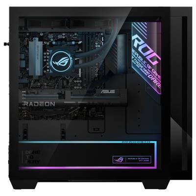 Un ordinateur de jeu avec des composants visibles à travers un panneau latéral transparent, incluant une carte mère ROG et une carte graphique Radeon, éclairés avec un éclairage RGB.
