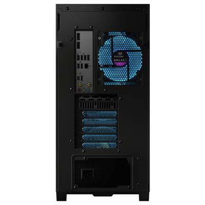 Vue arrière d'une tour informatique noire montrant divers ports, ventilateur de refroidissement et alimentation électrique.