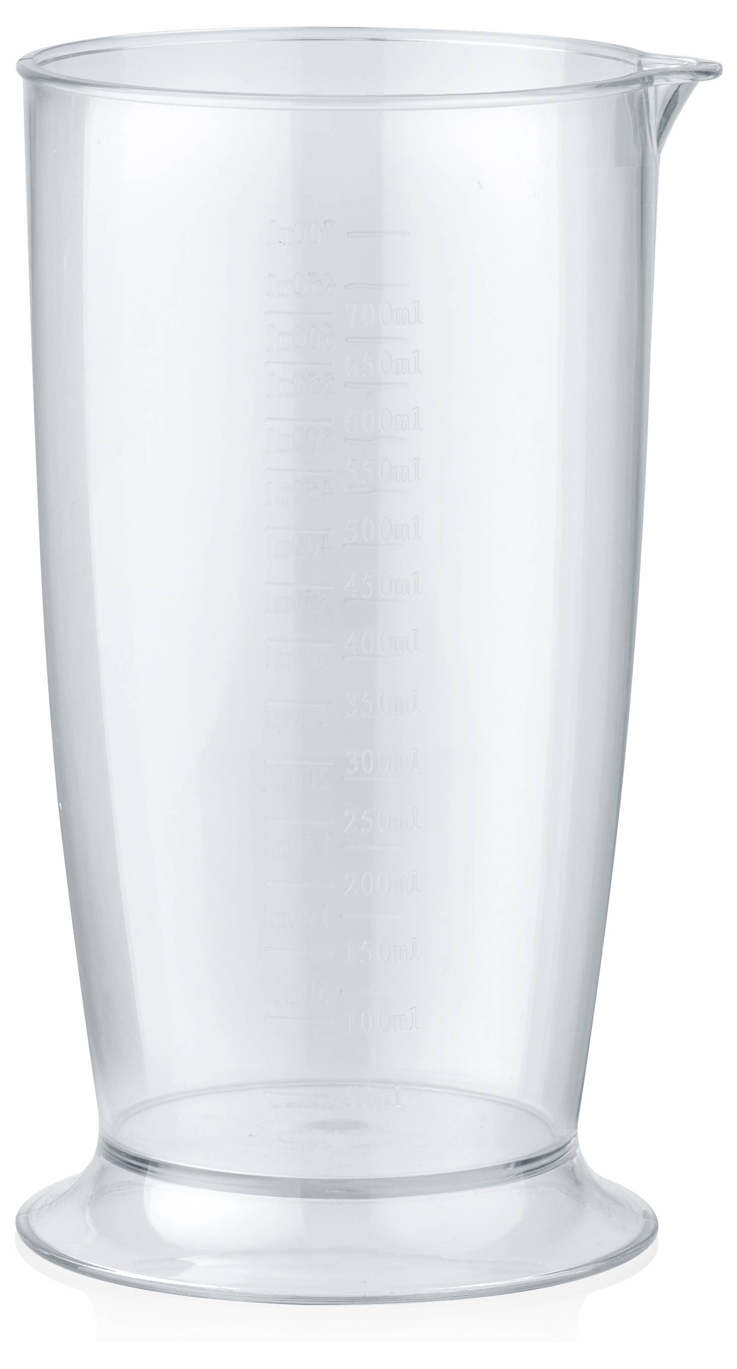 Verre doseur en plastique transparent avec graduations de volume allant de 50 à 600 millilitres.