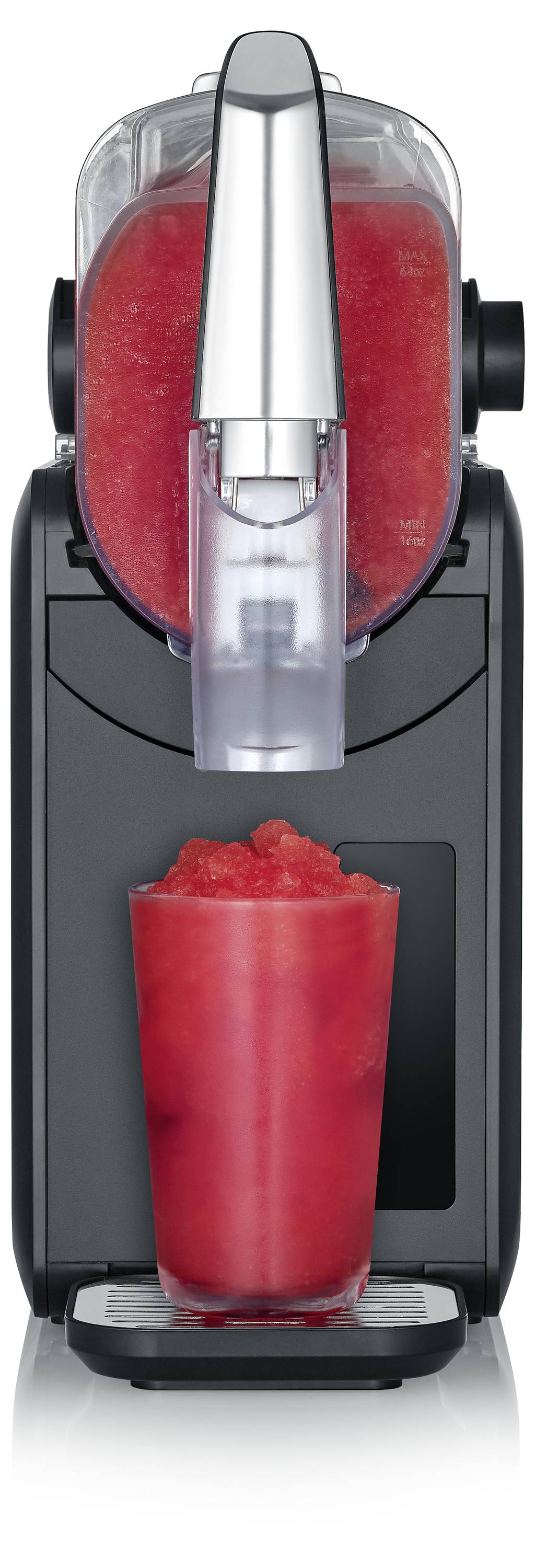 Une machine distribuant un granité rouge dans un gobelet transparent. La machine est noire avec des détails métalliques, donnant une apparence épurée.