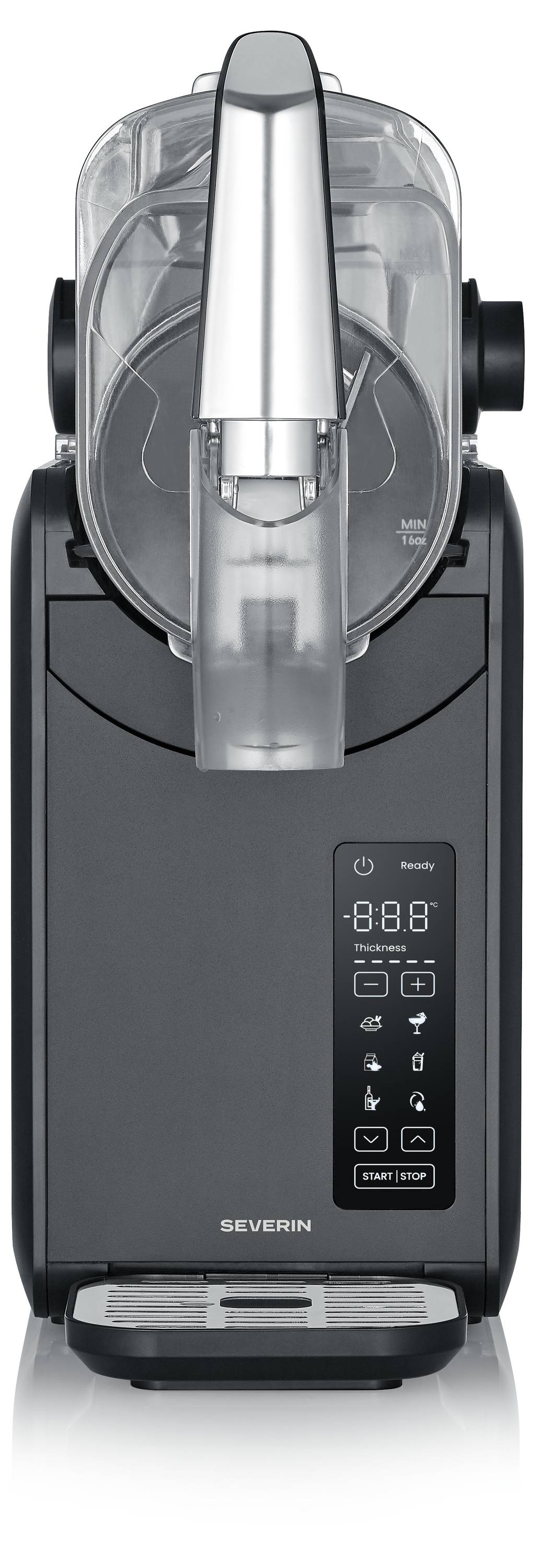 Une sorbetière moderne et élégante avec un panneau d'affichage numérique sur la face avant et un couvercle transparent, conçue pour un usage domestique.