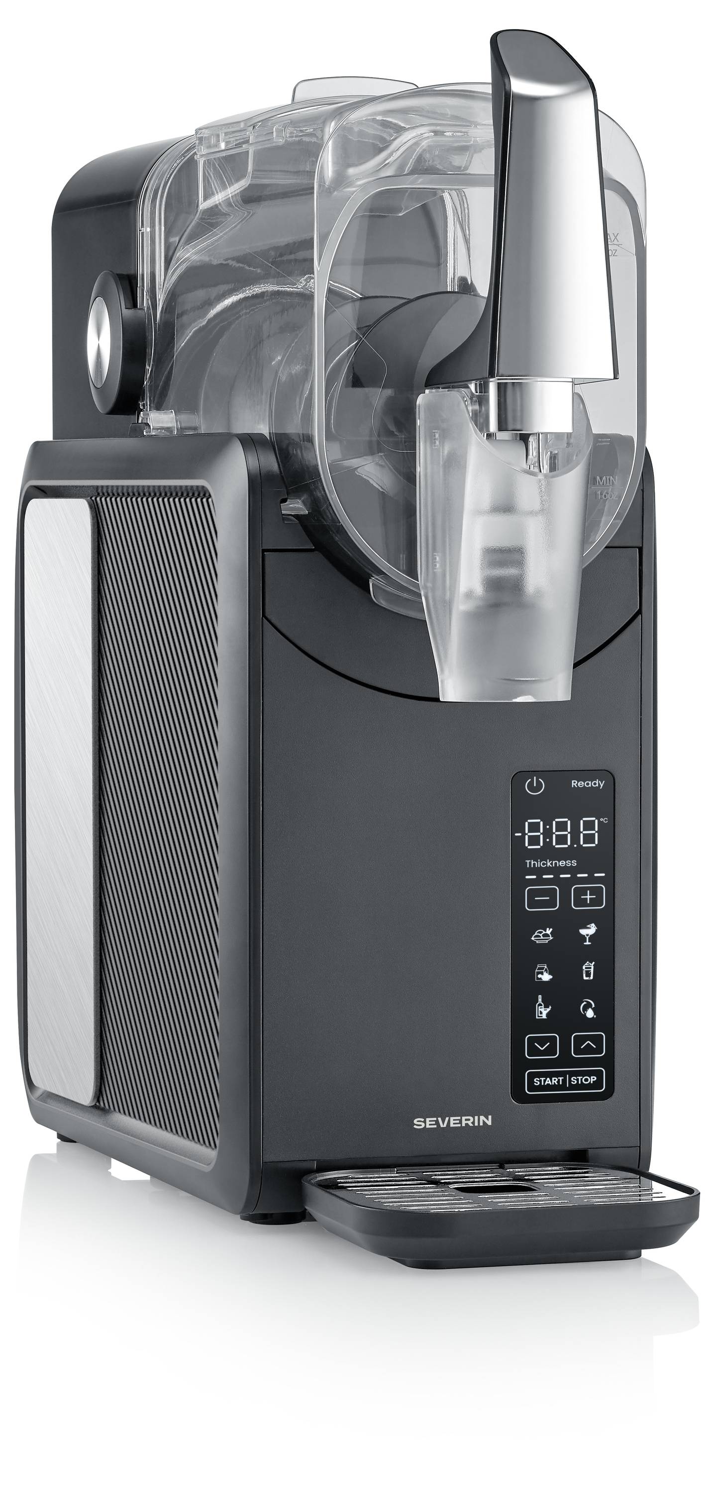 « Sorbetière Severin » présentée en noir avec écran numérique, couvercle transparent et compartiment réfrigérant.