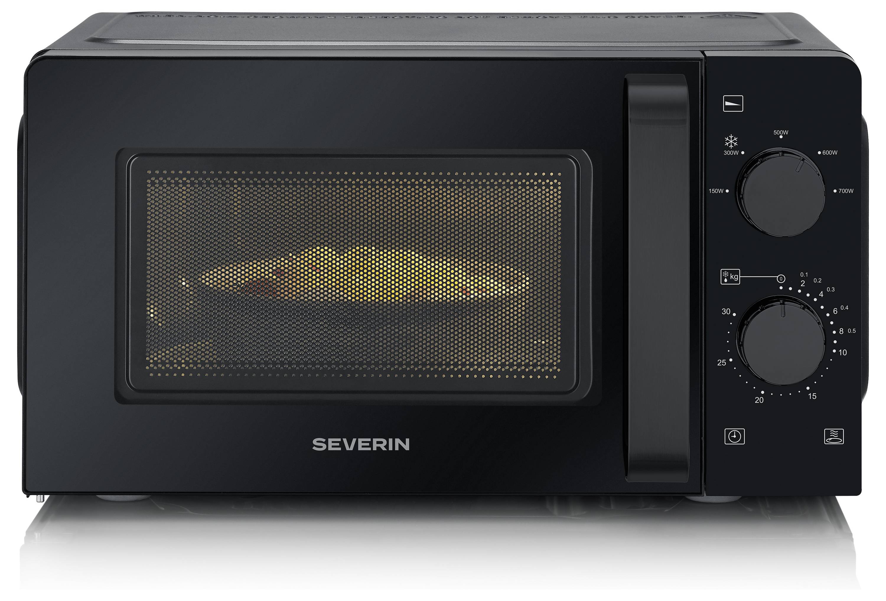 Un four à micro-ondes noir avec une fenêtre montrant des aliments en cours de cuisson à l'intérieur. Le four dispose de boutons de commande sur le côté droit.