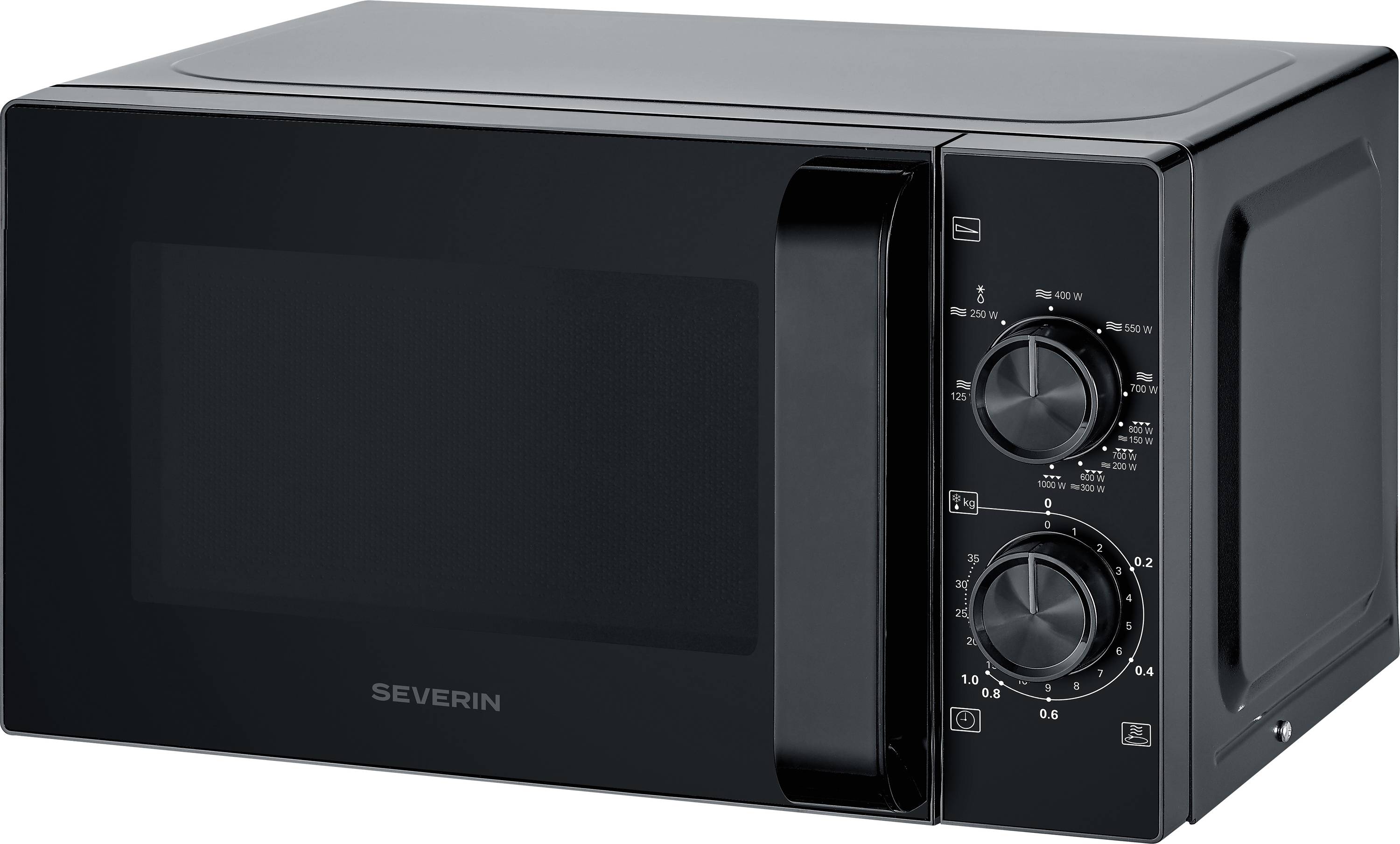 Un four à micro-ondes noir avec des commandes manuelles, doté de deux cadrans pour les réglages de temps et de puissance.