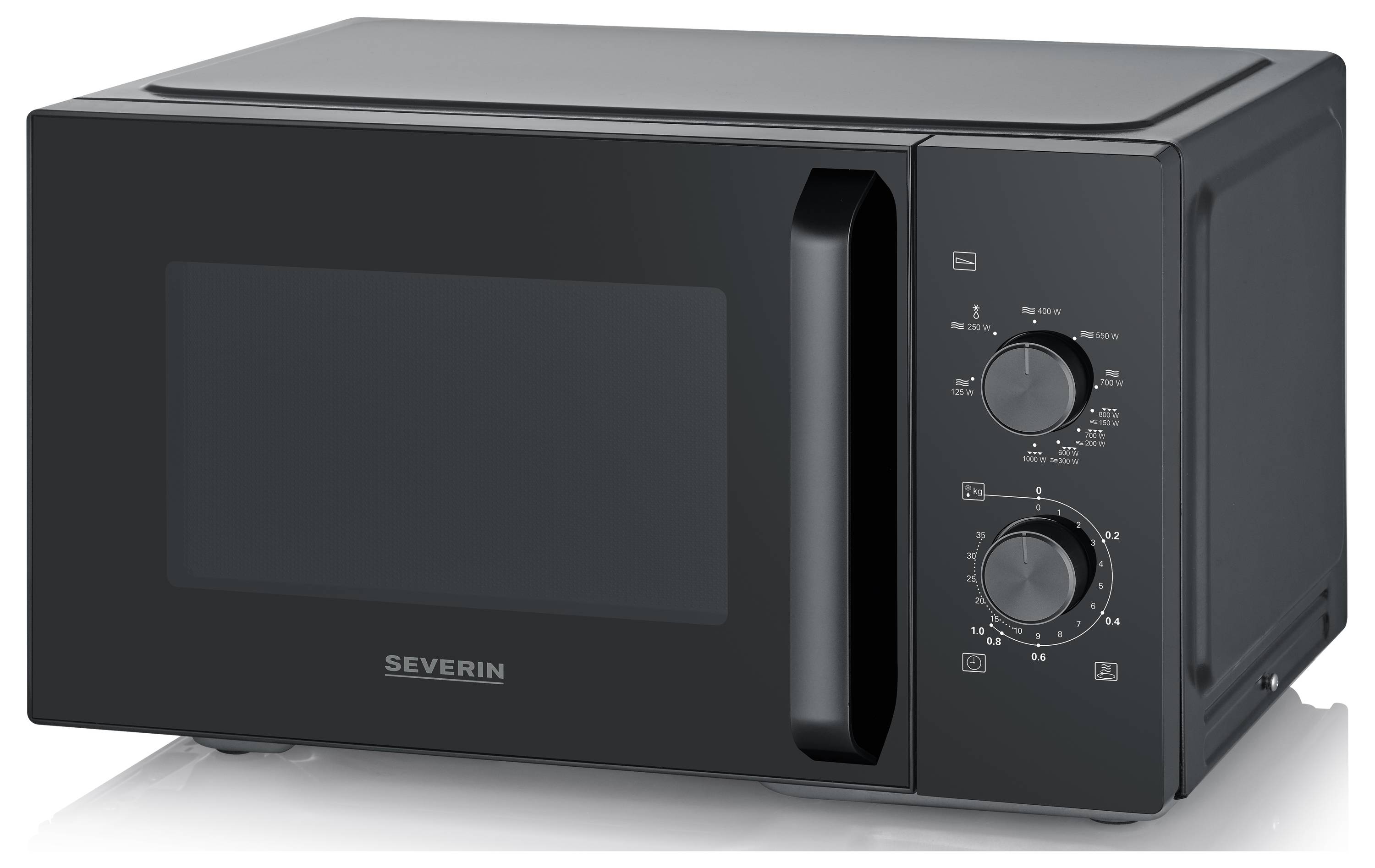 Un four à micro-ondes noir avec deux cadrans de commande sur le côté droit et une poignée de porte sur le devant.