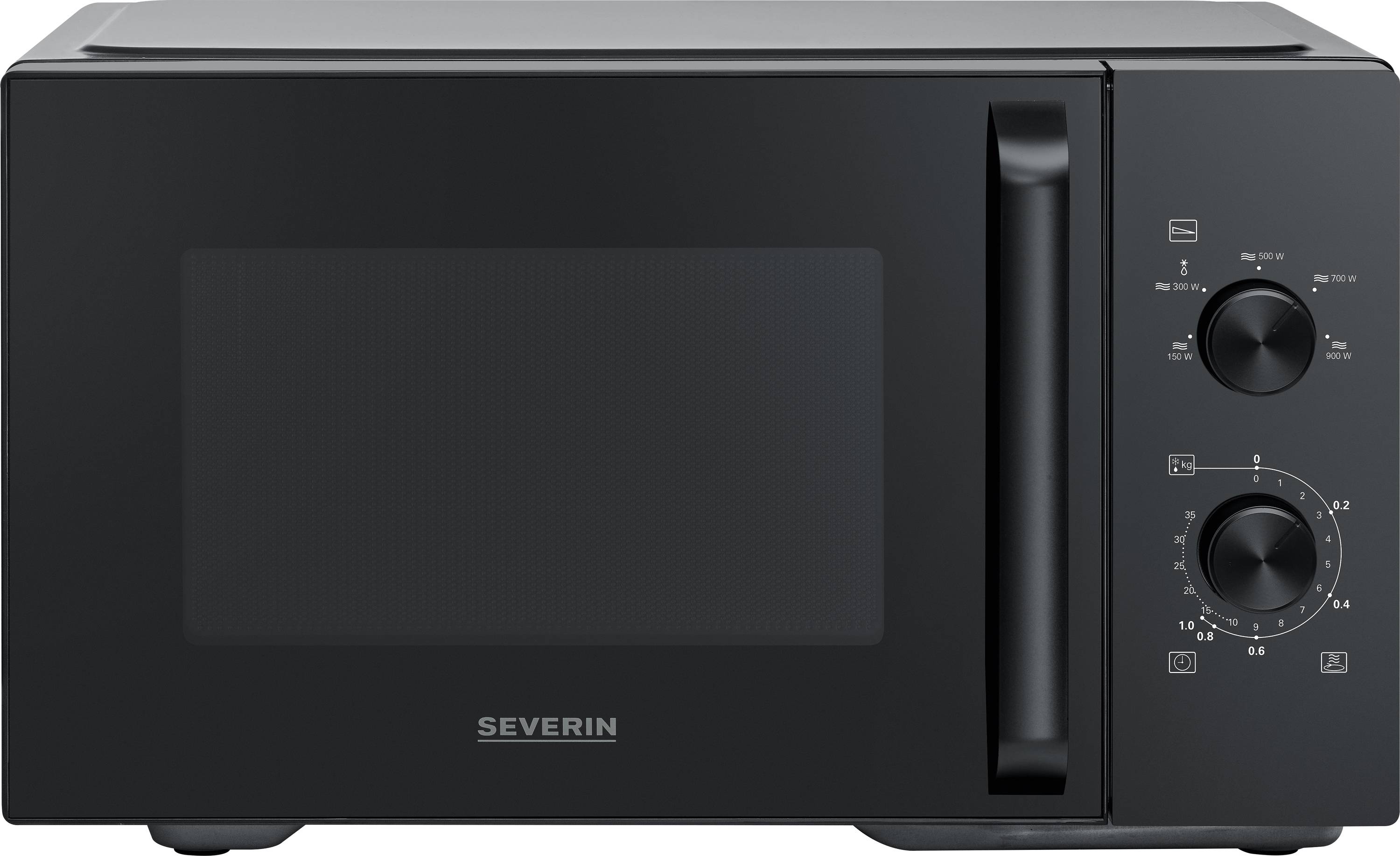 Un four à micro-ondes noir avec une poignée et deux cadrans de commande sur le côté droit. Le nom de marque « Severin » est visible sur le devant.