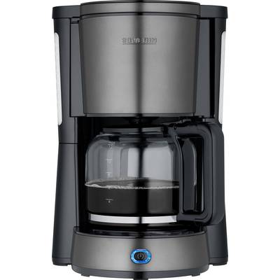 Une cafetière noire et argentée avec une carafe en verre à moitié remplie de café, dotée d'un bouton d'alimentation bleu sur la base.