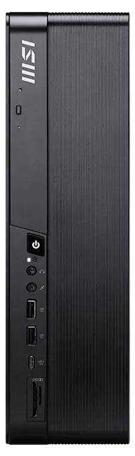 Vue de face d'un boîtier de PC de bureau MSI noir avec des commandes verticales sur le panneau avant, des ports USB, des prises audio et un bouton d'alimentation.
