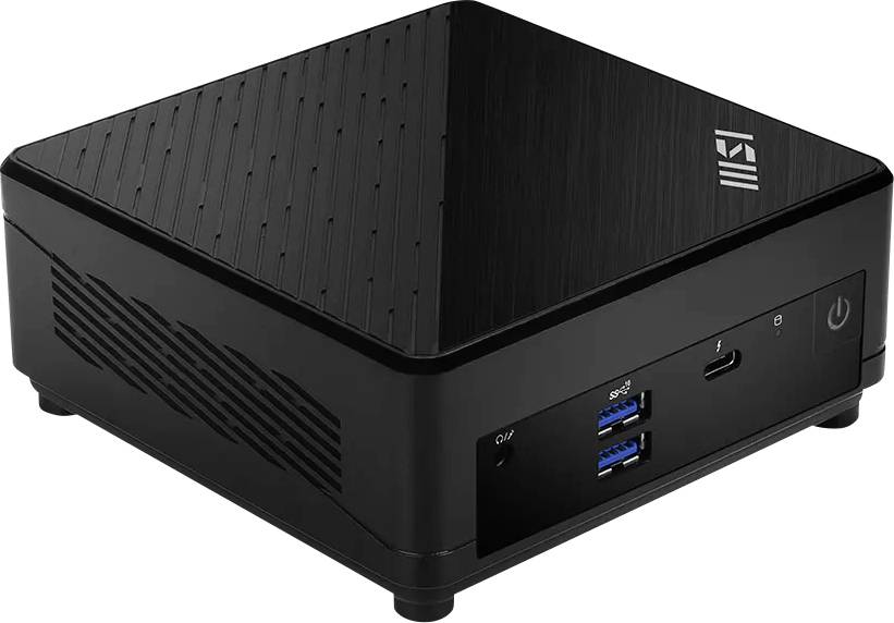 Mini PC noir et compact avec USB-C frontal et deux ports USB-A, bouton d'alimentation et logo de marque sur le dessus.