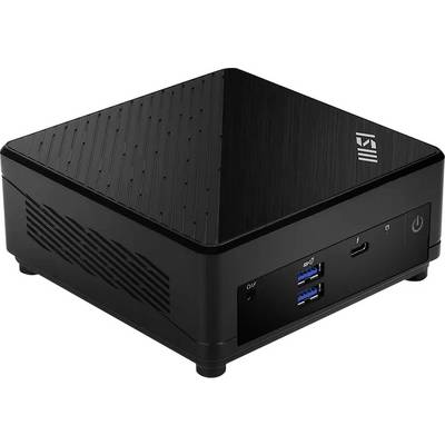 Mini PC noir et compact avec USB-C frontal et deux ports USB-A, bouton d'alimentation et logo de marque sur le dessus.