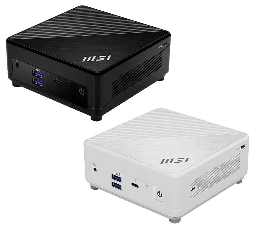 Ordinateurs de bureau mini MSI en noir et blanc présentés dans des vues en angle, chacun avec des ports USB frontaux et un bouton d'alimentation.