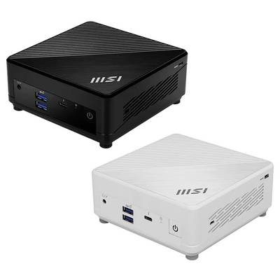 Ordinateurs de bureau mini MSI en noir et blanc présentés dans des vues en angle, chacun avec des ports USB frontaux et un bouton d'alimentation.