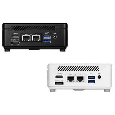Mini PC noir et blanc présentés de face, avec DisplayPort, HDMI, ports Ethernet doubles, ports USB et bouton d'alimentation.
