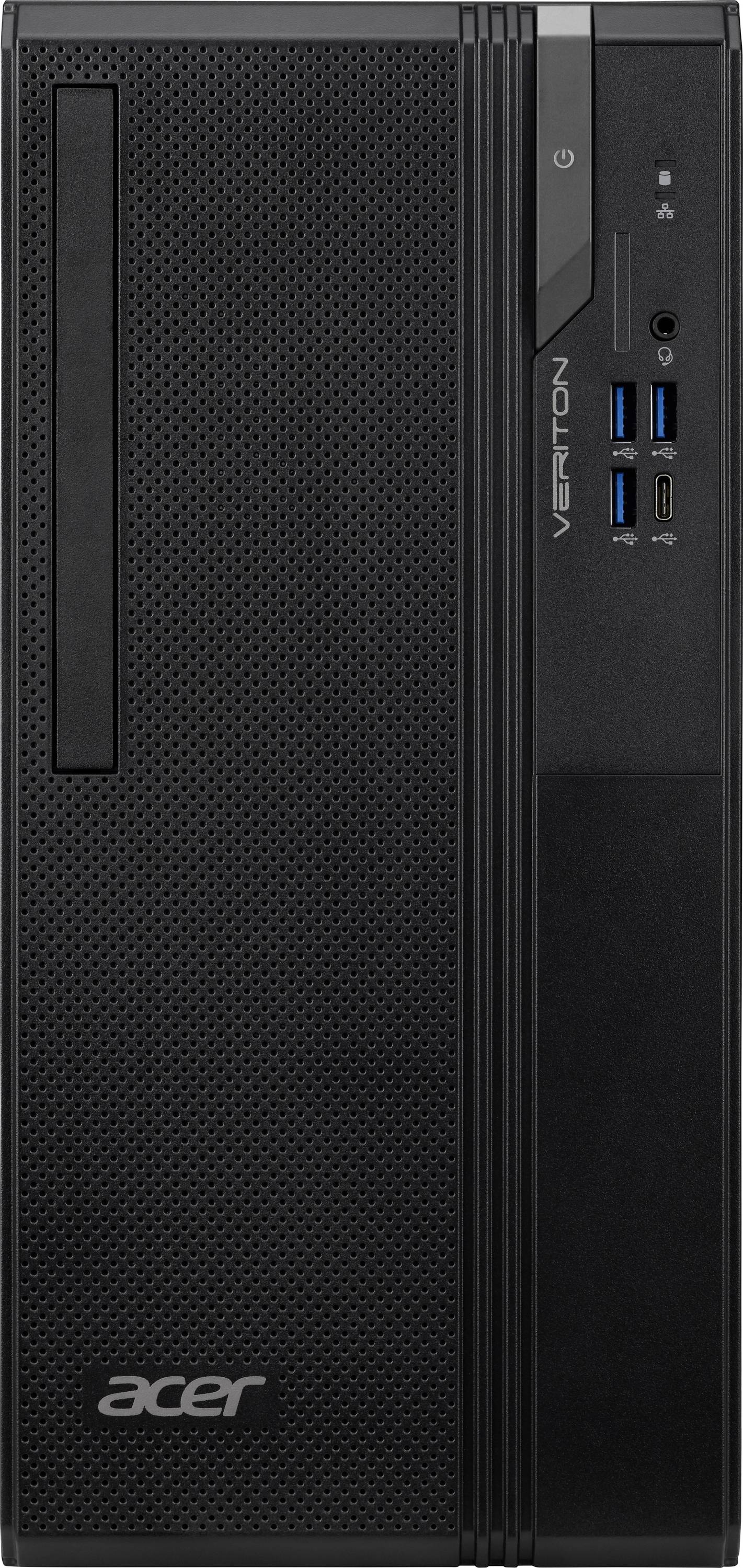 Une tour d'ordinateur de bureau Acer noire avec des ports USB, un bouton d'alimentation et le mot « Veriton » imprimé sur le panneau avant.