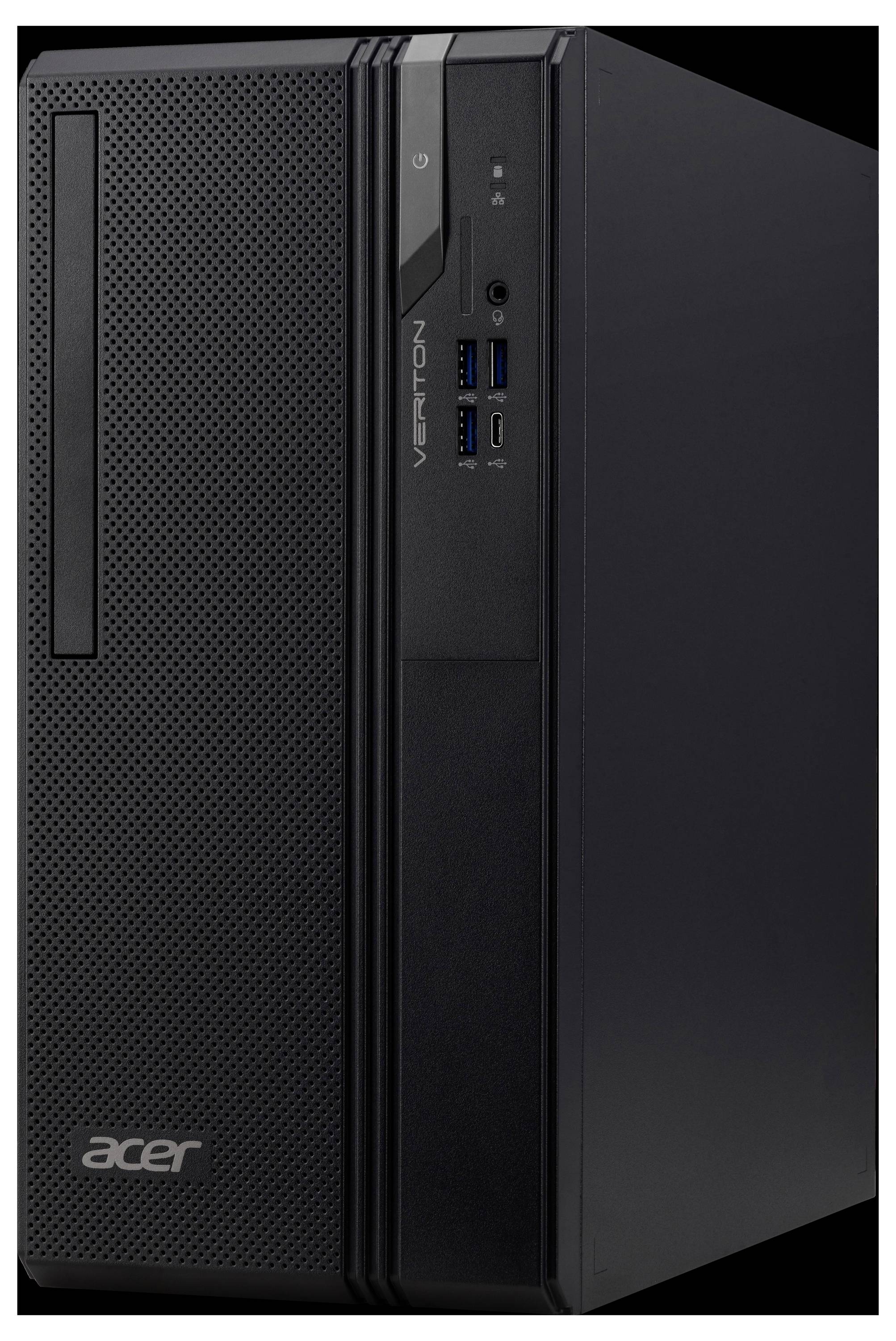 Un boîtier d'ordinateur de bureau Acer Veriton noir présentant des ports USB et un bouton d'alimentation sur le panneau frontal.