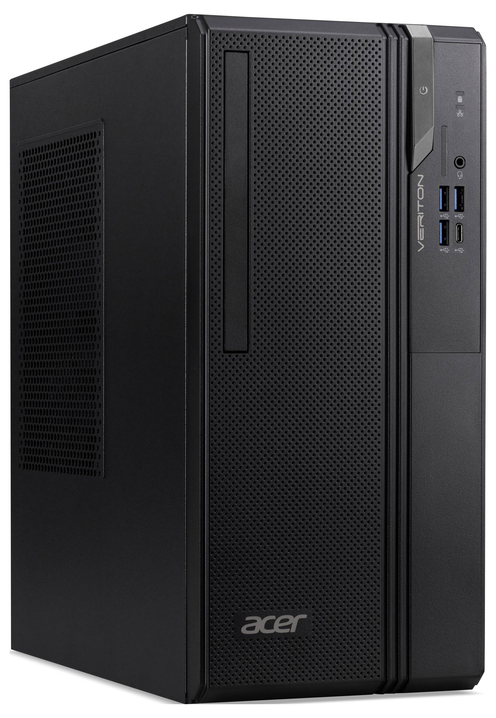 Une tour d'ordinateur de bureau Acer noire avec les ports USB, le lecteur de disque et le bouton d'alimentation visibles sur le panneau avant.