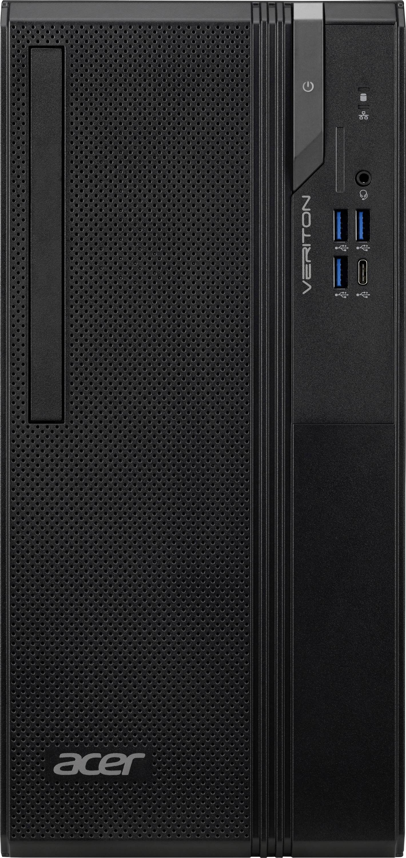 Vue de face d'une tour de bureau Acer Veriton, dotée de plusieurs ports USB, de prises audio, d'un bouton d'alimentation et d'une grille de ventilation.