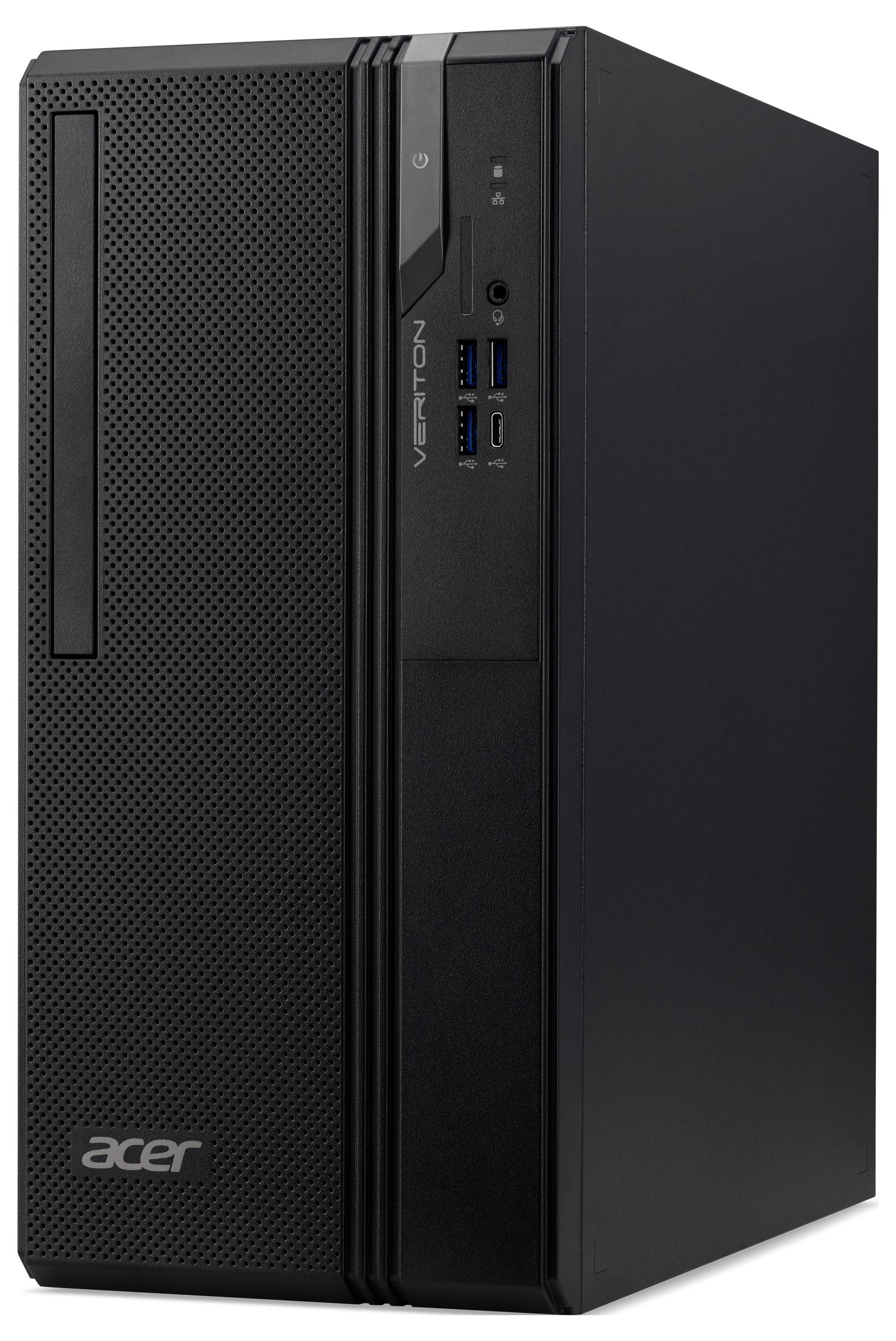 Une tour de bureau Acer noire avec le logo Acer, des ports USB avant, un bouton d'alimentation et un lecteur DVD, placée sur un fond blanc.