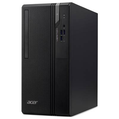 Une tour de bureau Acer noire avec le logo Acer, des ports USB avant, un bouton d'alimentation et un lecteur DVD, placée sur un fond blanc.