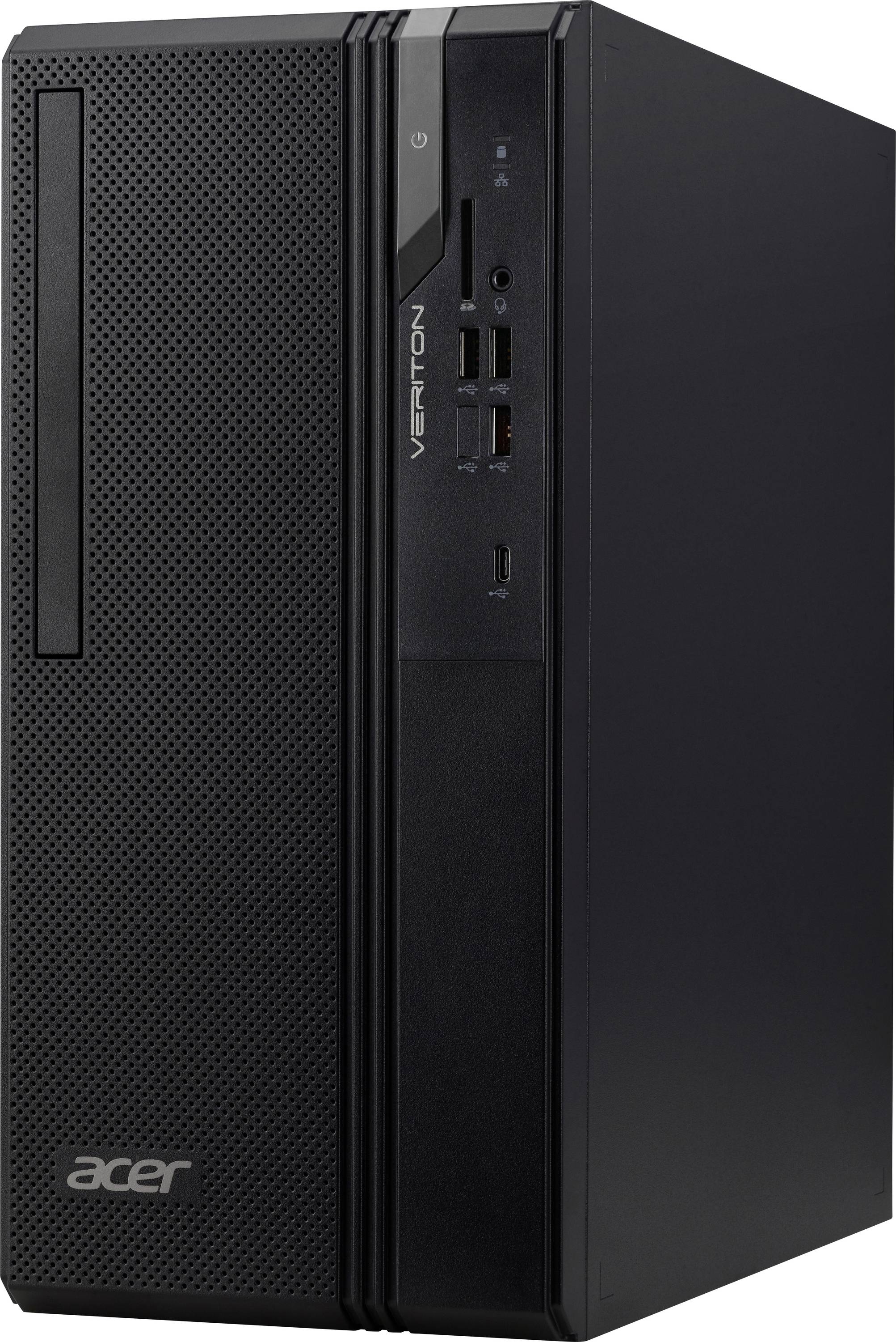 Un boîtier de tour d'ordinateur de bureau Acer noir avec des ports USB à l'avant et un bouton d'alimentation, présentant un design épuré et des évents verticaux sur le côté gauche.