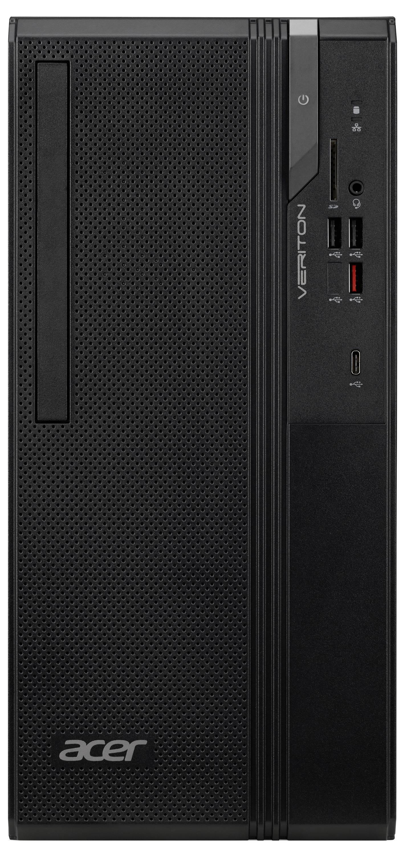 Une tour d'ordinateur de bureau noire avec le logo « Acer » et plusieurs ports à l'avant, notamment USB et audio.